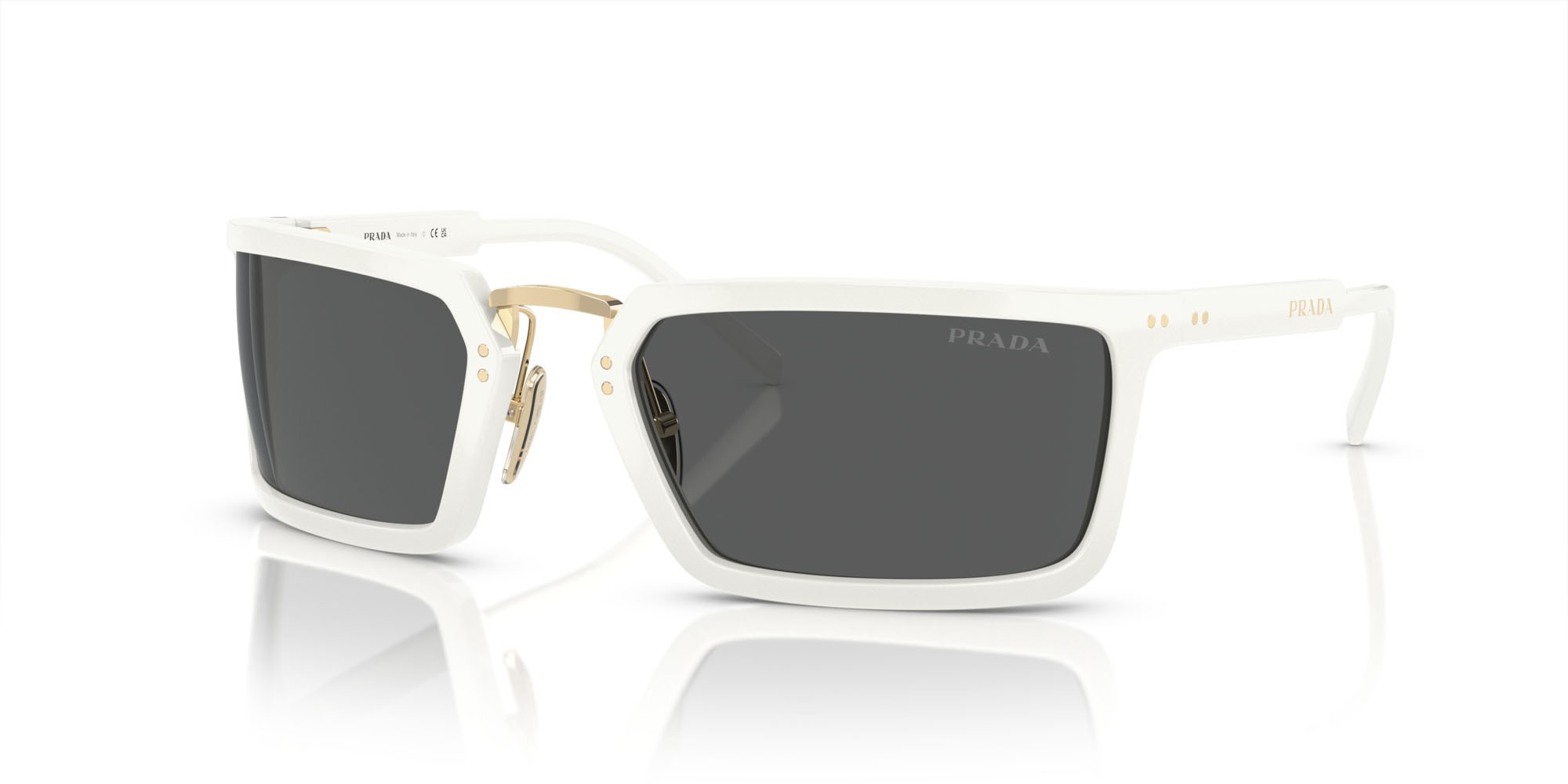 Occhiali da sole Prada PR A11S (4615S0) colore bianco forma irregolare lenti grigio scuro