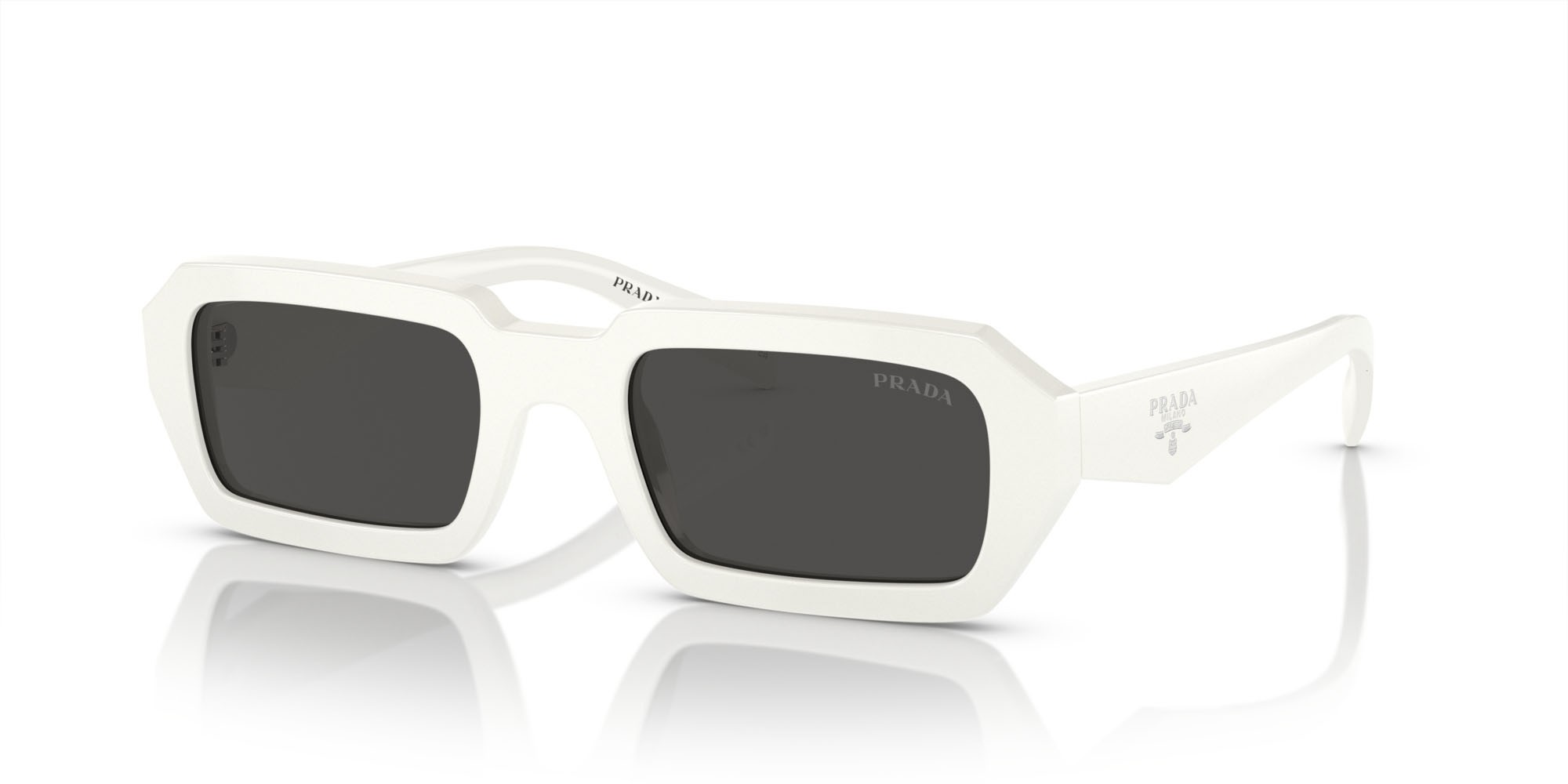 Sunglasses Prada PR A12S (17K08Z) color bianco shape irregular lenses grigio scuro