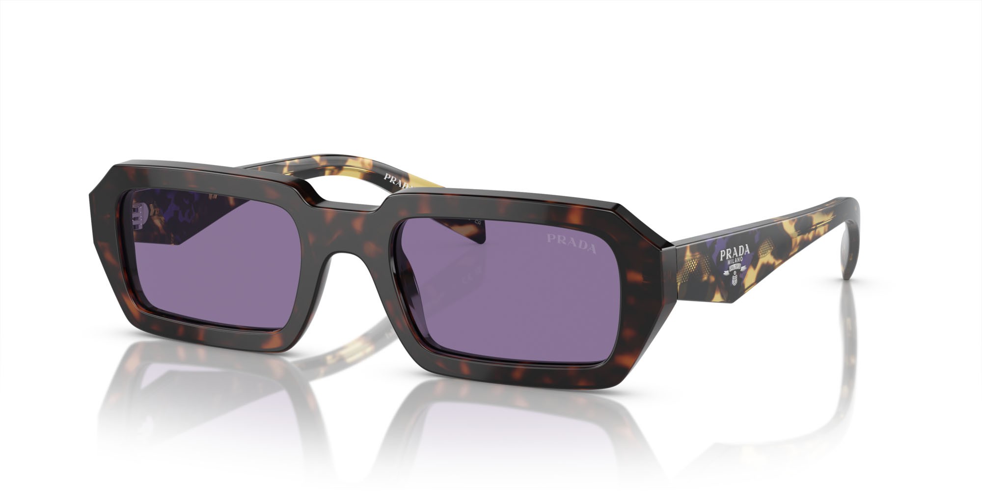Sunglasses Prada PR A12S (17N50B) color havana shape irregular lenses viola specchiata interno argento