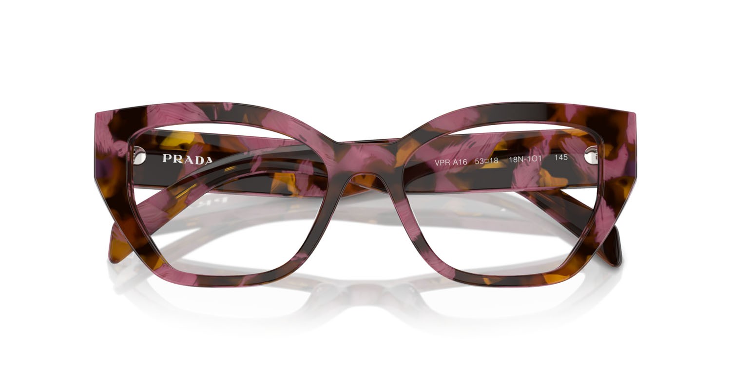 Eyeglasses Prada PR A16V (18N1O1) color begonia cognac tartarugato shape irregular lenses lente demo