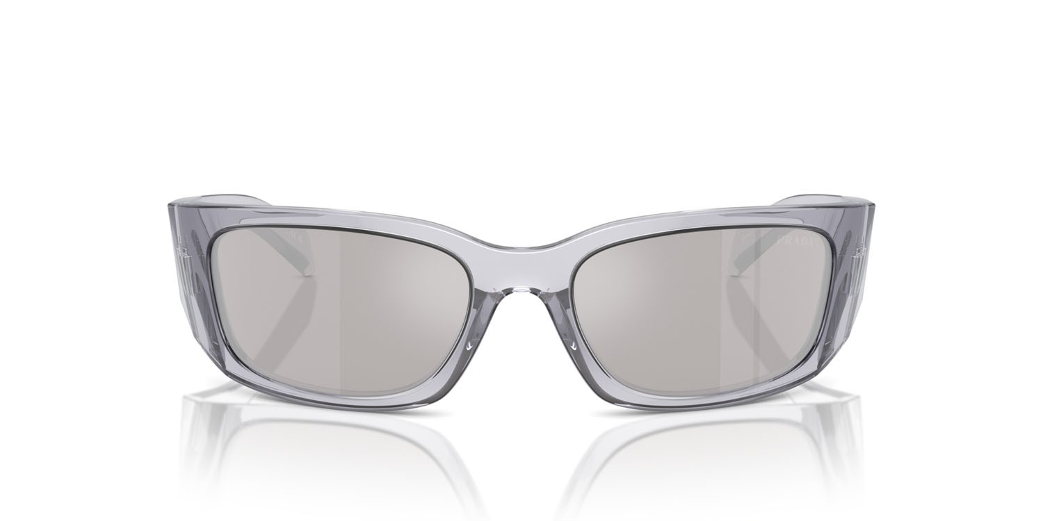 Occhiali da sole Prada PR A19S (12R2B0) colore grigio trasparente forma farfalla lenti grigio chiaro specchiato argento