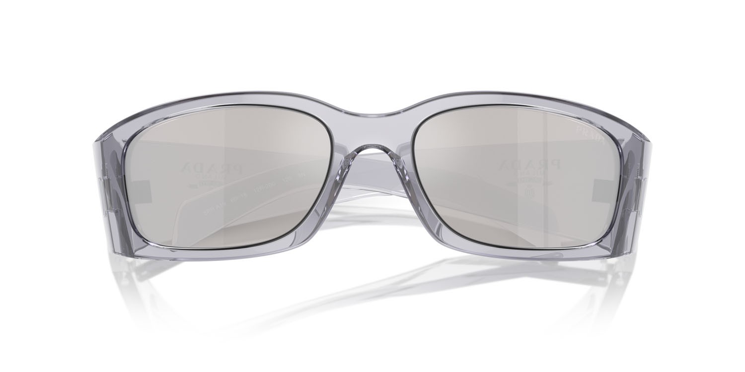 Occhiali da sole Prada PR A19S (12R2B0) colore grigio trasparente forma farfalla lenti grigio chiaro specchiato argento
