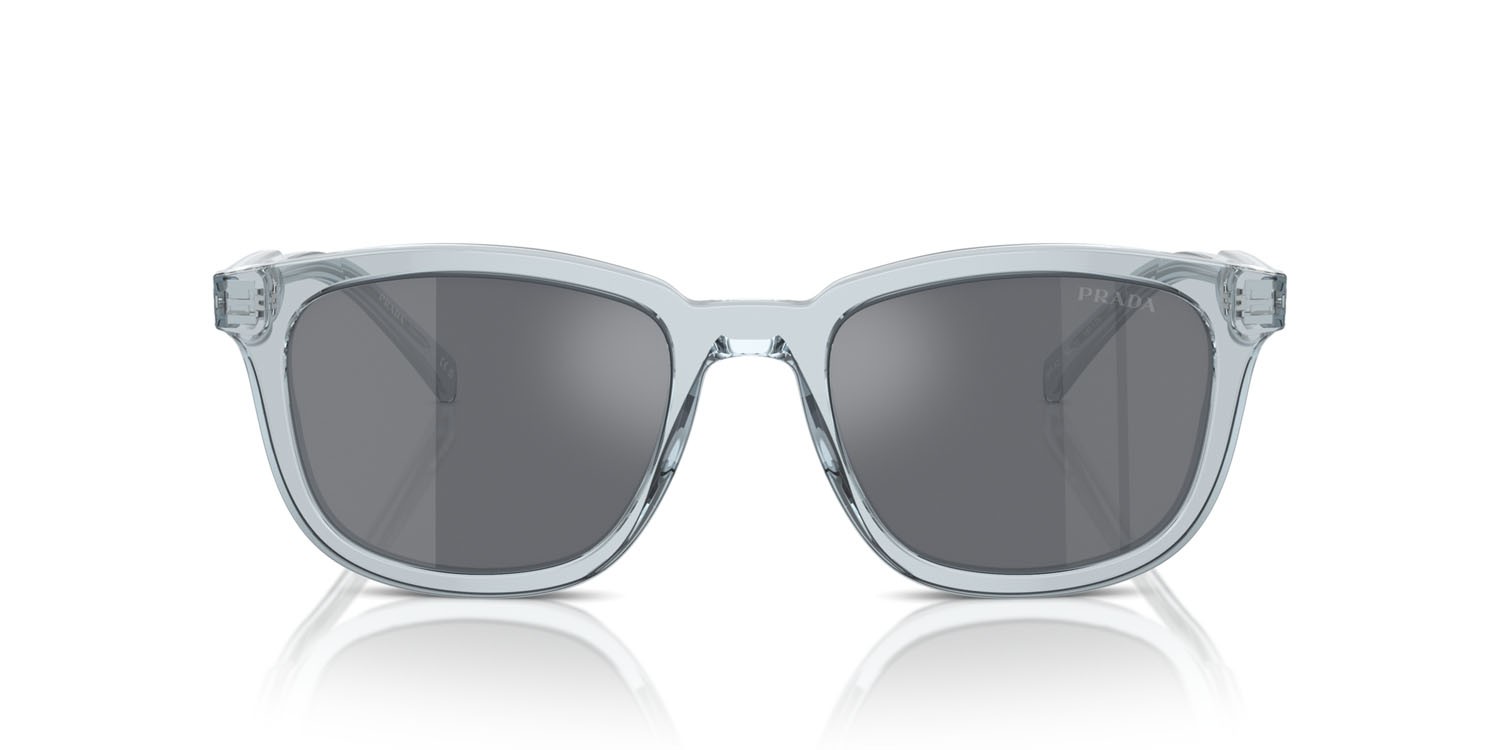 Occhiali da sole Prada PR A21S (19T175) colore azzurro trasparente forma quadrato lenti grigio scuro/flash argento