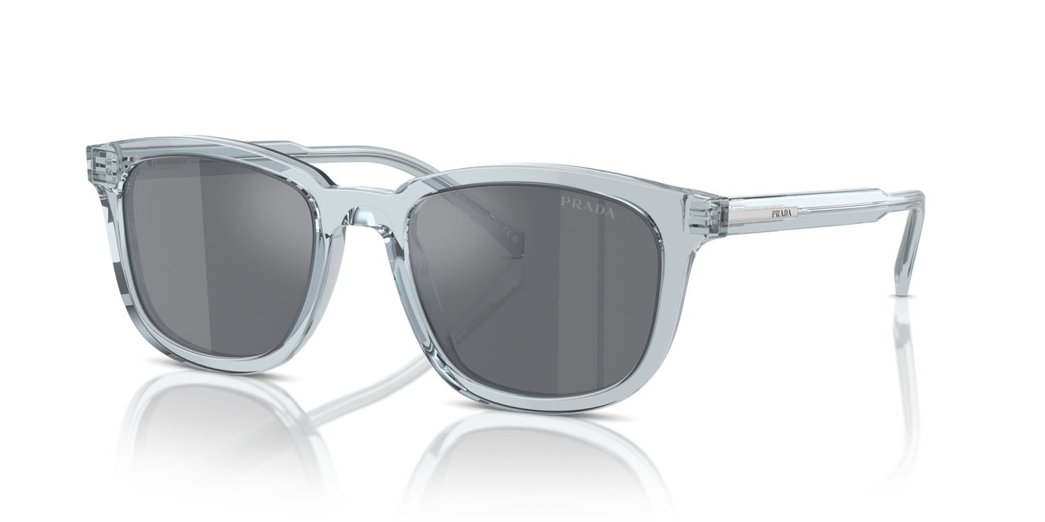 Occhiali da sole Prada PR A21S (19T175) colore azzurro trasparente forma quadrato lenti grigio scuro/flash argento