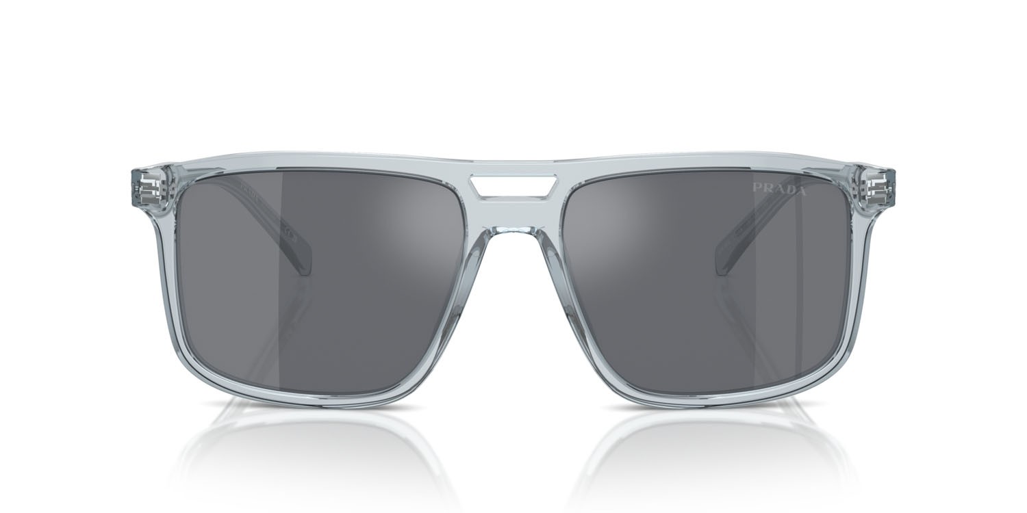 Occhiali da sole Prada PR A22S (19T175) colore azzurro trasparente forma rettangolare lenti grigio scuro/flash argento