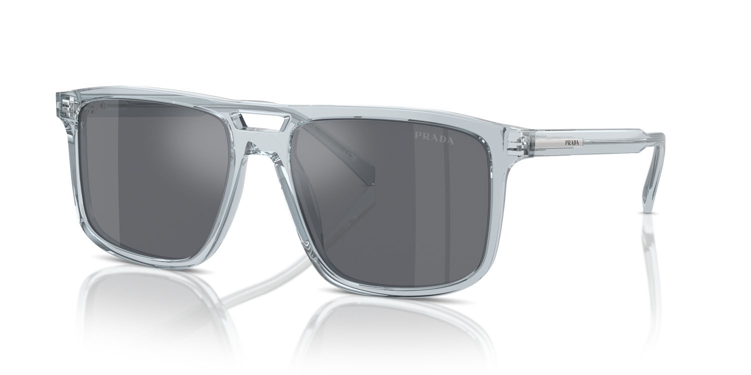 Occhiali da sole Prada PR A22S (19T175) colore azzurro trasparente forma rettangolare lenti grigio scuro/flash argento