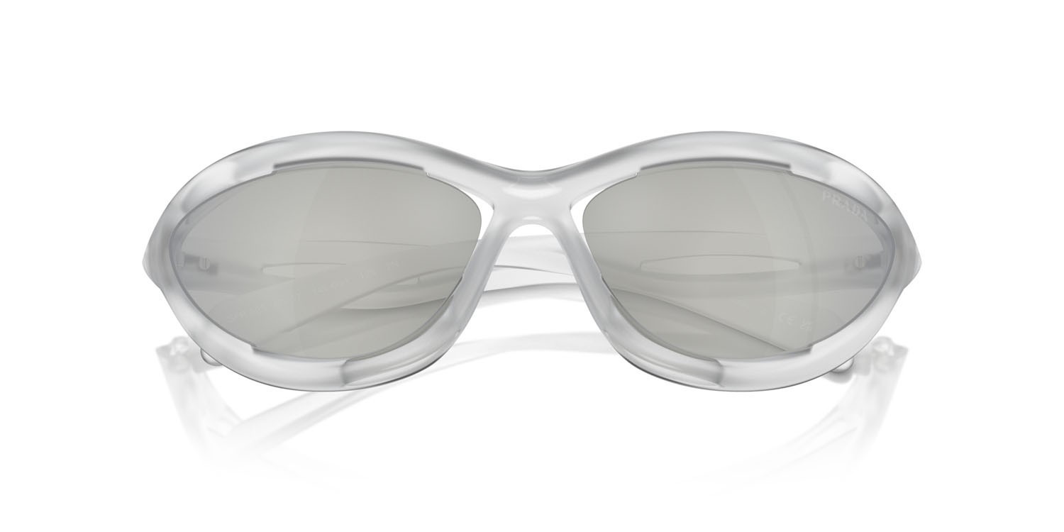 Sunglasses Prada PR A23S (14V60H) color frosted crystal shape cat eye lenses trasparente specchiato silver 80