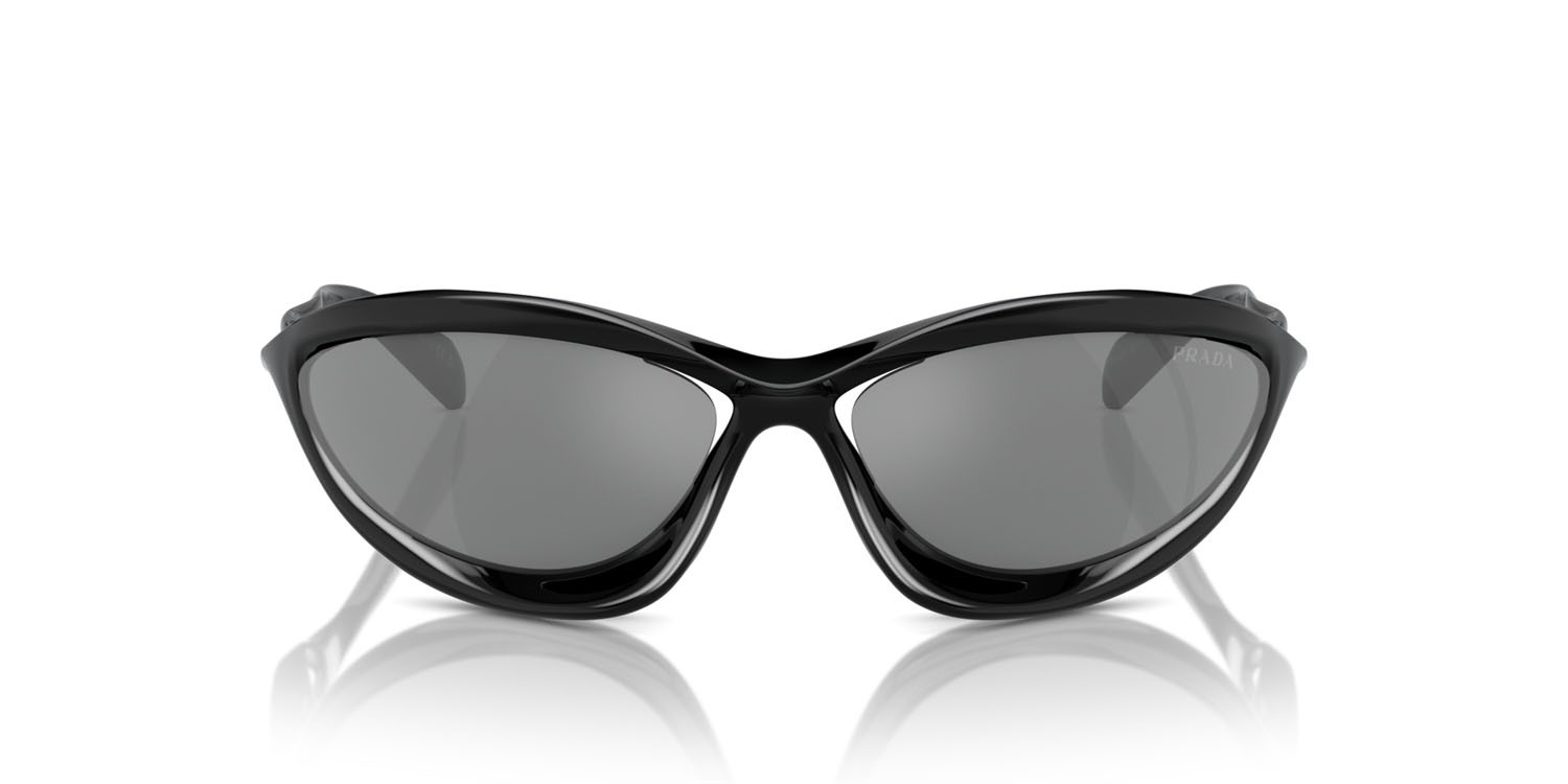 Occhiali da sole Prada PR A26S (1AB60G) colore nero forma cat eye lenti grigio argento specchiato