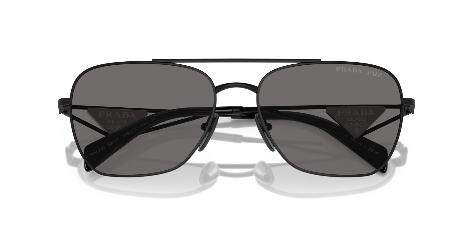 Occhiali da sole Prada PR A50S (1AB5Z1) colore nero metallizzato forma quadrato lenti polar grigio scuro