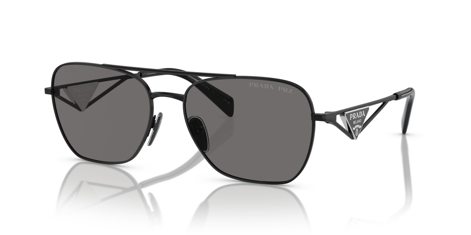 Occhiali da sole Prada PR A50S (1AB5Z1) colore nero metallizzato forma quadrato lenti polar grigio scuro