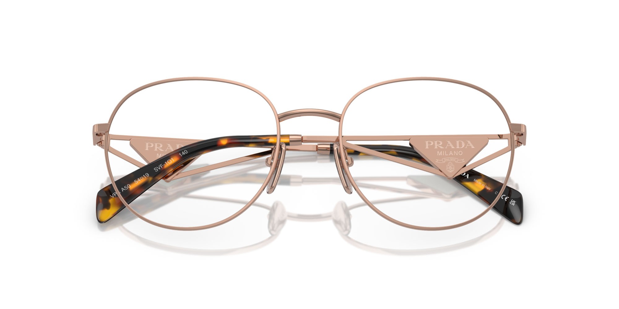 Eyeglasses Prada PR A50V (SVF1O1) color oro rosé shape round lenses lente demo