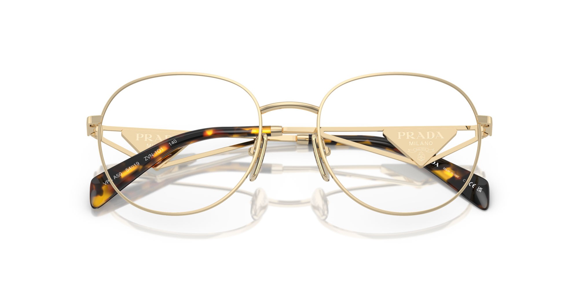 Eyeglasses Prada PR A50V (ZVN1O1) color oro pallido shape round lenses lente demo