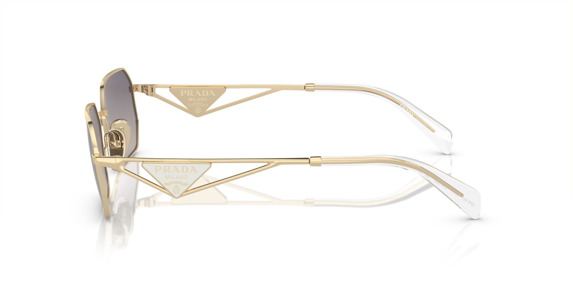 Sunglasses Prada PR A51S (ZVN30C) color oro pallido shape irregular lenses blu sfumato argento a specchio