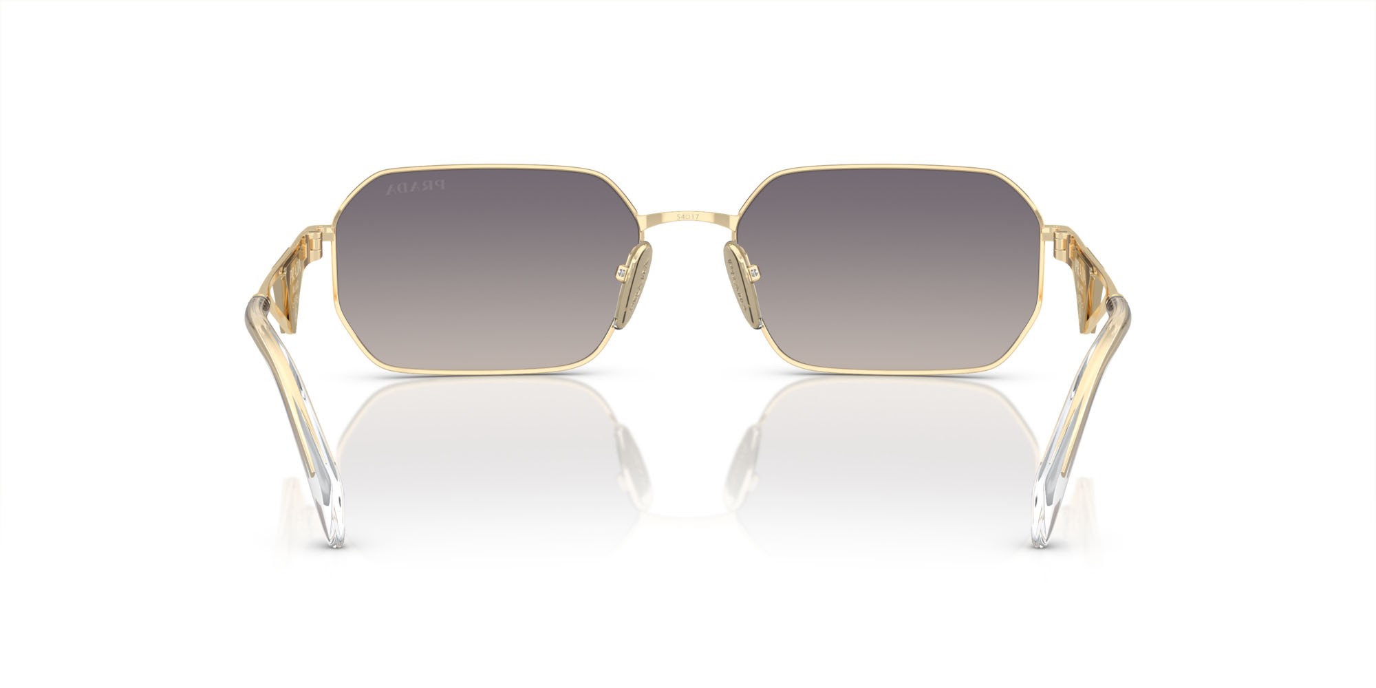 Sunglasses Prada PR A51S (ZVN30C) color oro pallido shape irregular lenses blu sfumato argento a specchio