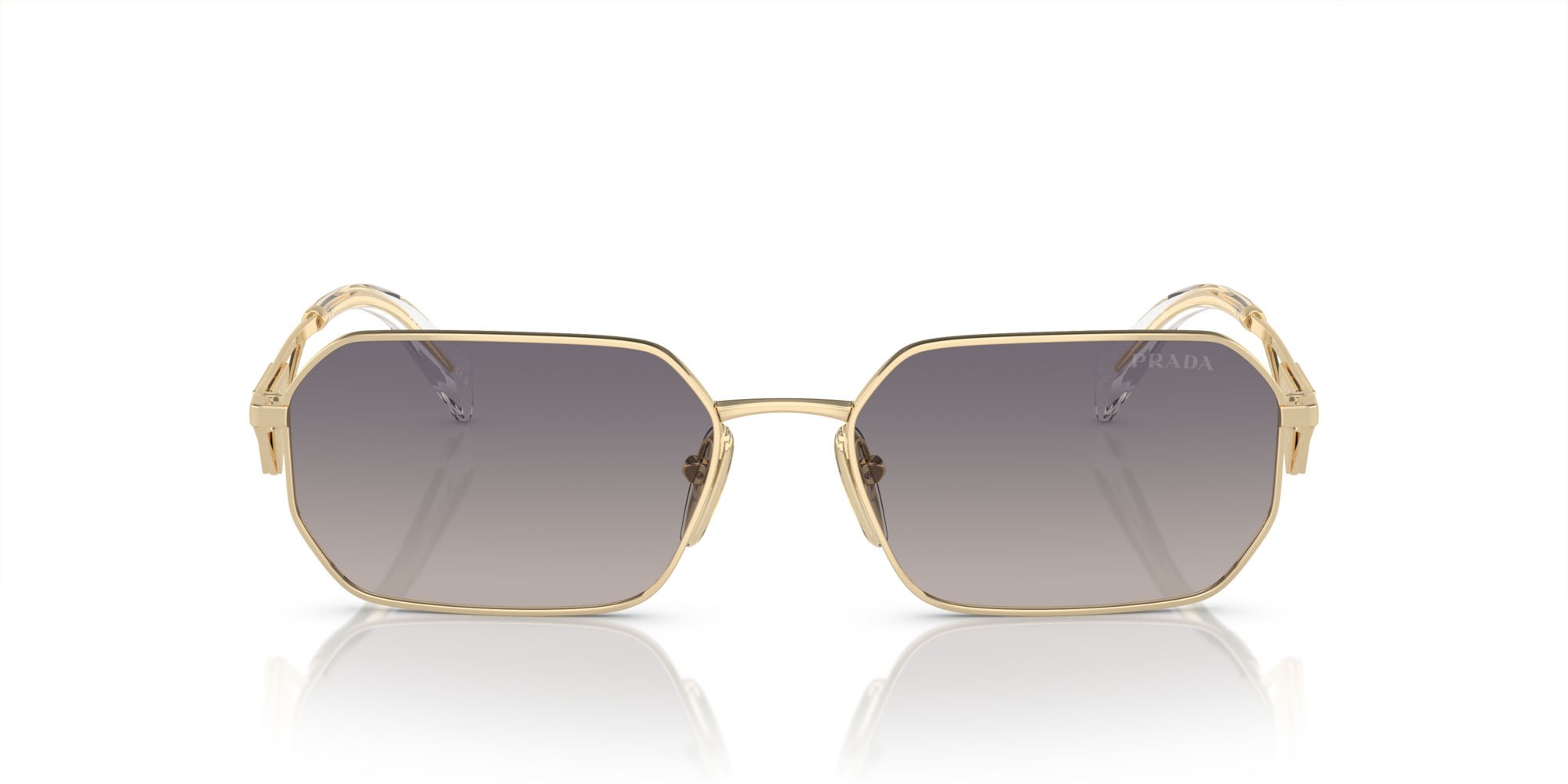Sunglasses Prada PR A51S (ZVN30C) color oro pallido shape irregular lenses blu sfumato argento a specchio