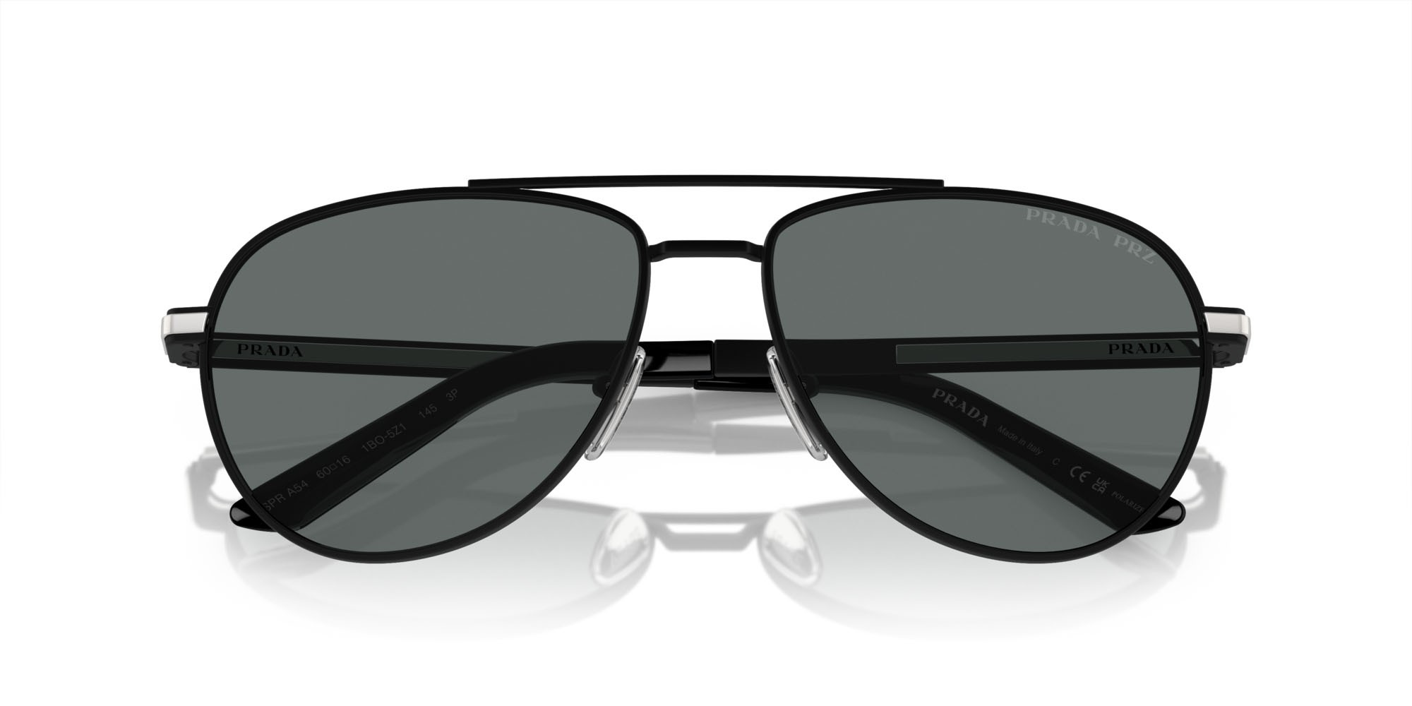 Occhiali da sole Prada PR A54S (1BO5Z1) colore nero opaco forma aviator lenti polar grigio scuro