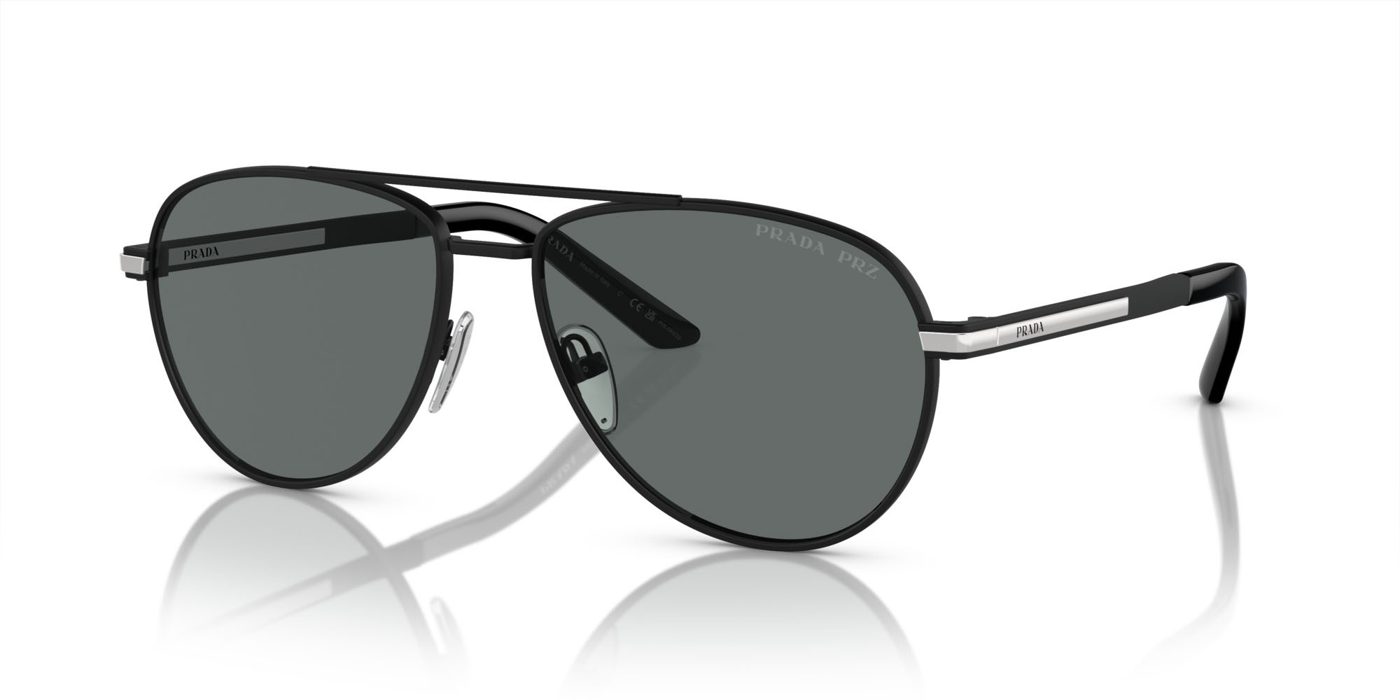 Occhiali da sole Prada PR A54S (1BO5Z1) colore nero opaco forma aviator lenti polar grigio scuro
