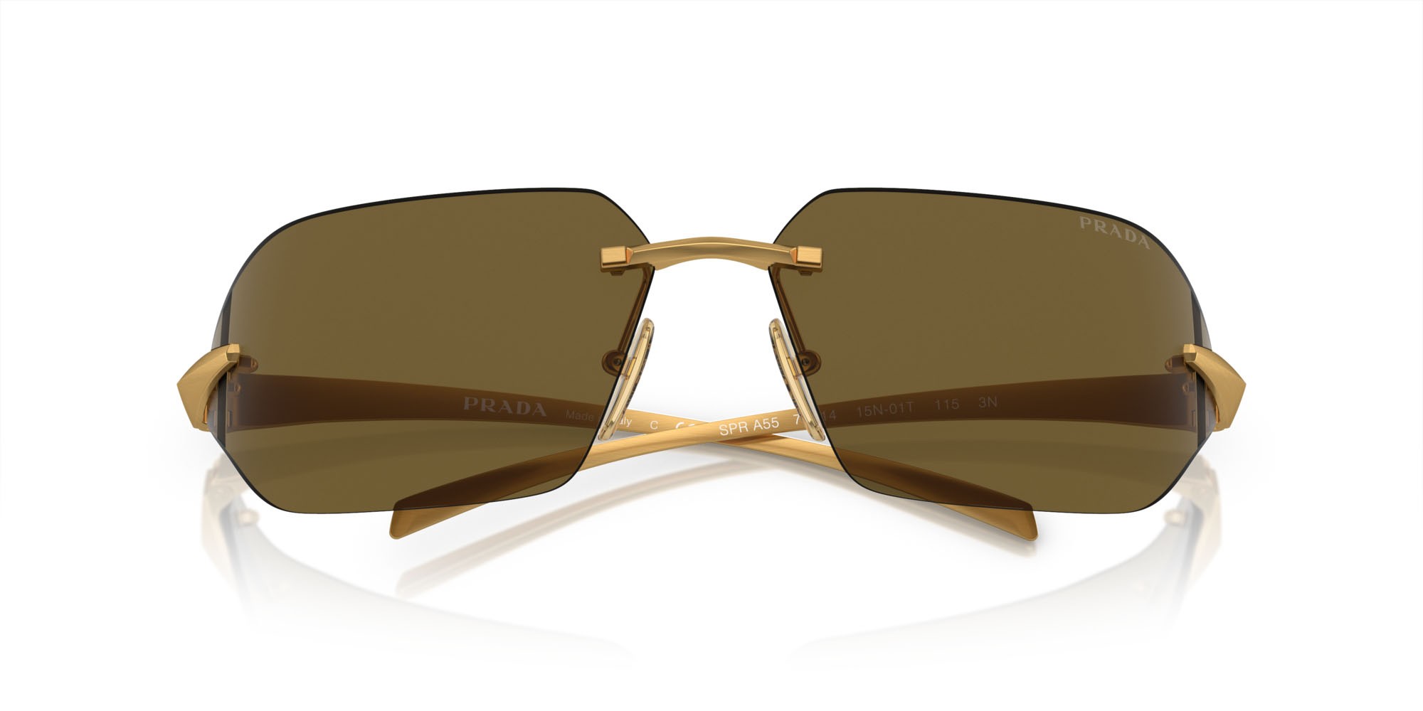 Sonnenbrillen Prada PR A55S (15N01T) farbe oro giallo satinato form unregelmäßig gläser marrone scuro