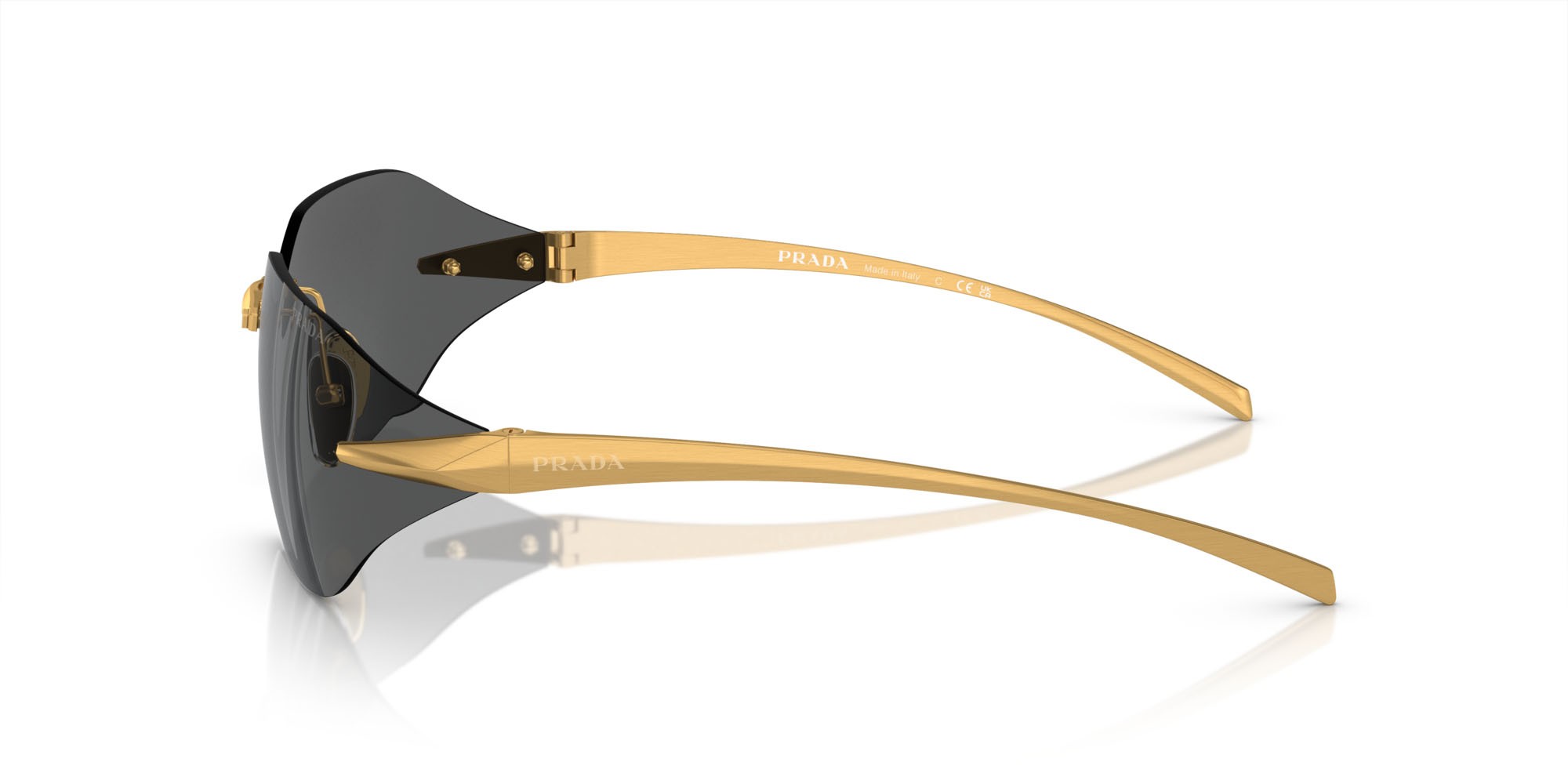 Sunglasses Prada PR A55S (15N5S0) color oro giallo satinato shape irregular lenses grigio scuro