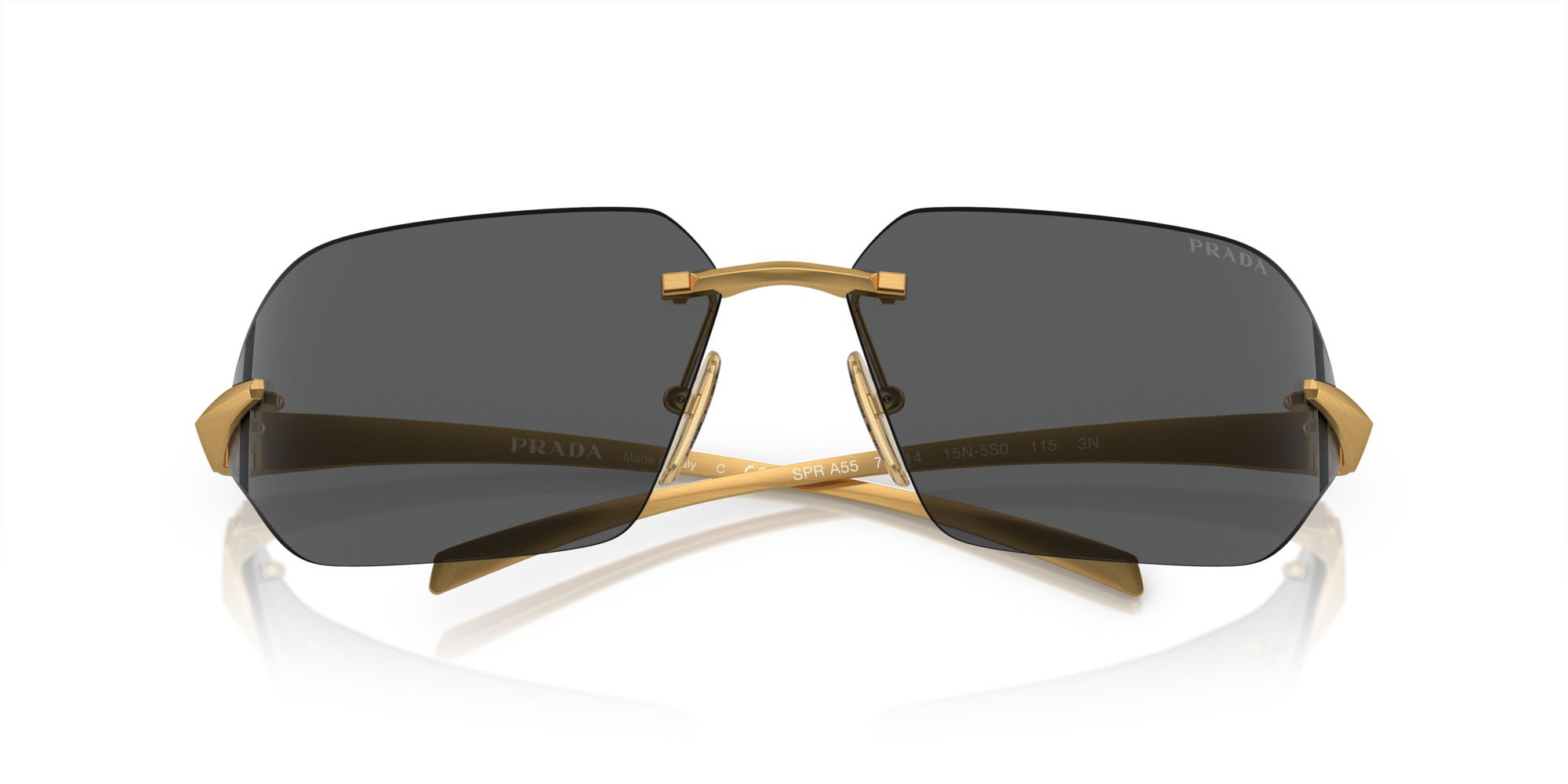 Sunglasses Prada PR A55S (15N5S0) color oro giallo satinato shape irregular lenses grigio scuro