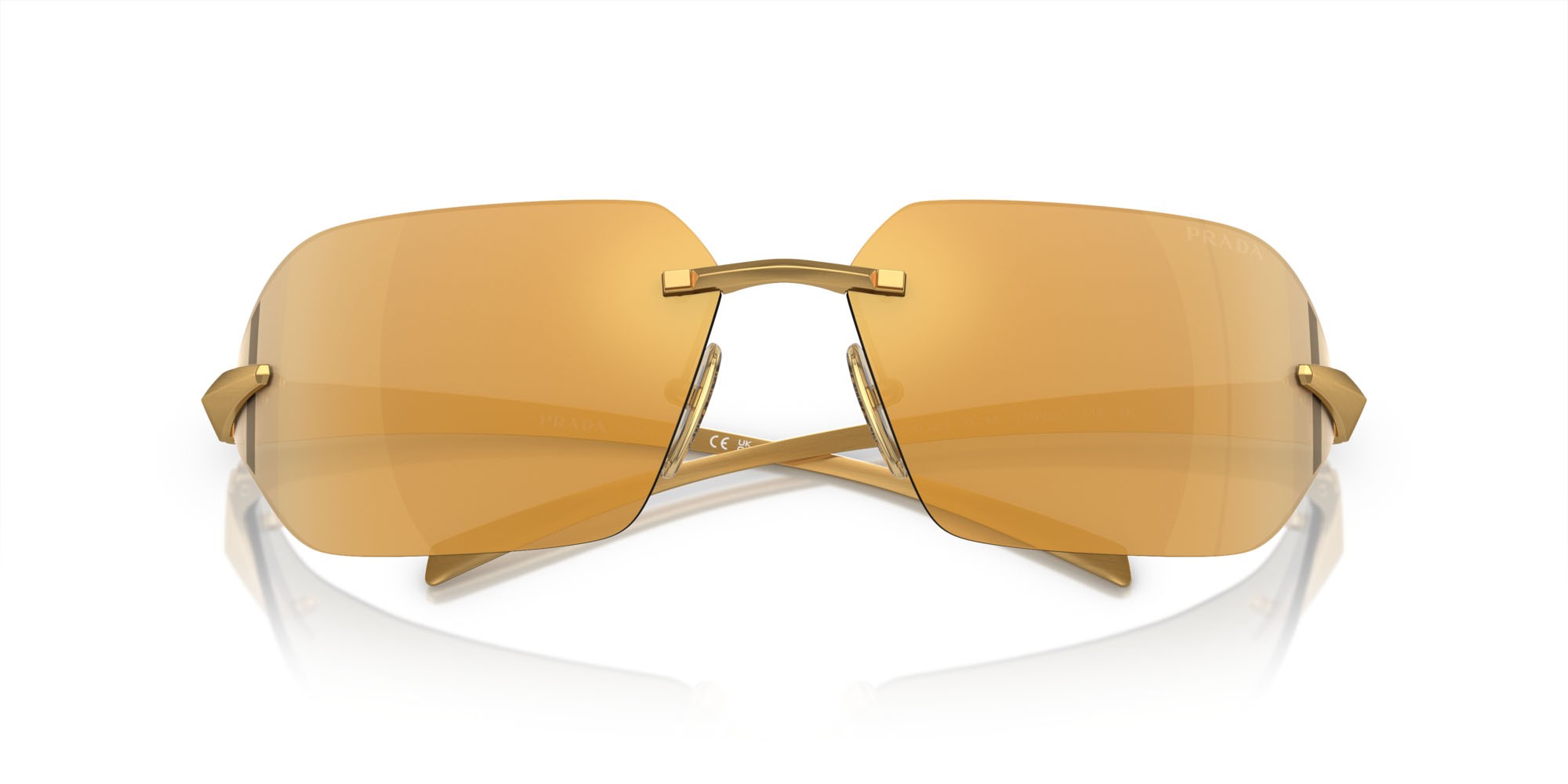 Sonnenbrillen Prada PR A56S (15N80C) farbe oro giallo satinato form unregelmäßig gläser marrone specchiata multistrato oro