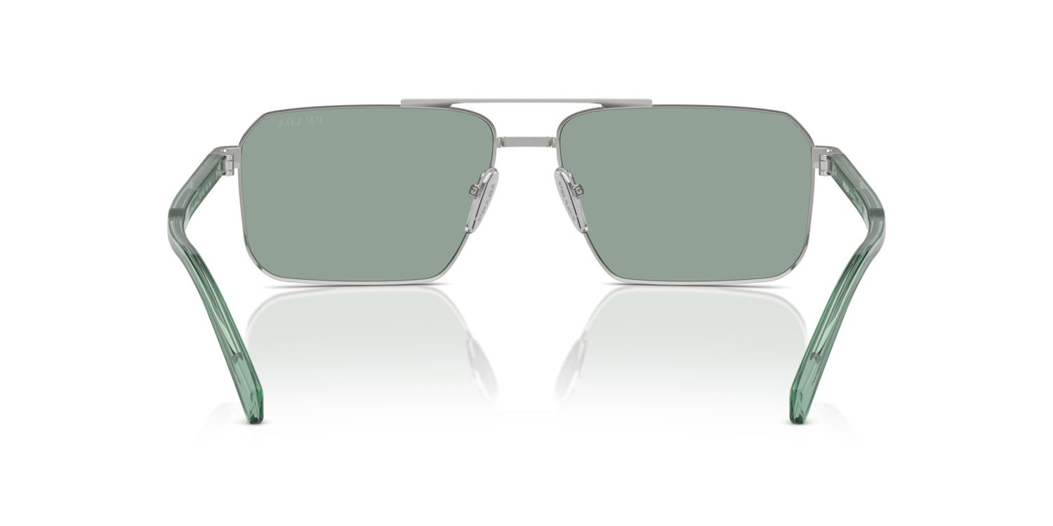 Occhiali da sole Prada PR A57S (1BC10G) colore argento forma rettangolare lenti verde petrolio
