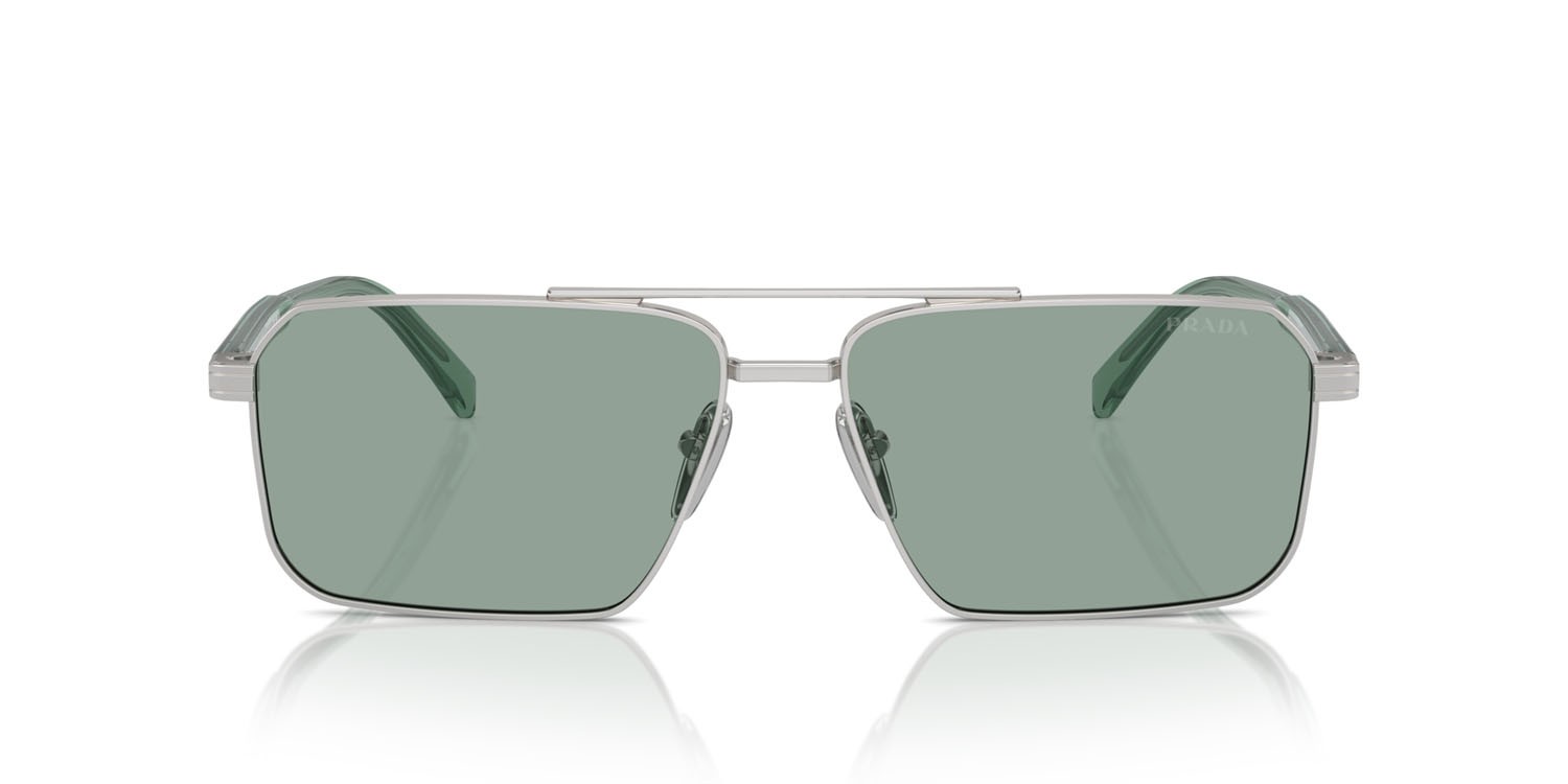 Occhiali da sole Prada PR A57S (1BC10G) colore argento forma rettangolare lenti verde petrolio