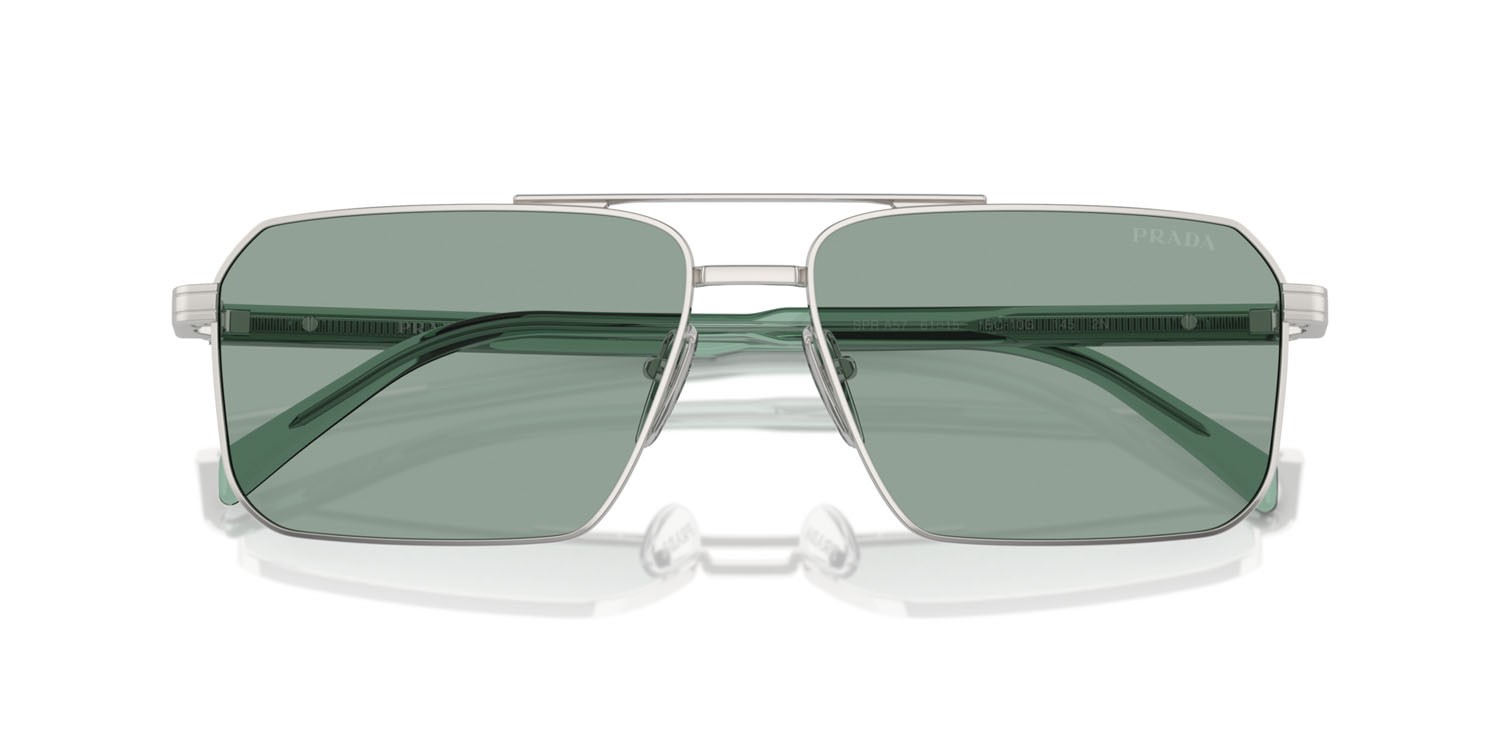 Occhiali da sole Prada PR A57S (1BC10G) colore argento forma rettangolare lenti verde petrolio