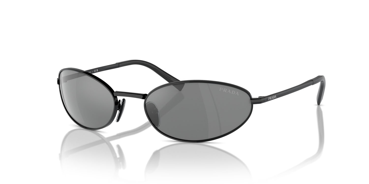 Sunglasses Prada PR A59S (1AB60G) color nero shape oval lenses grigio argento specchiato