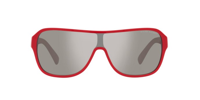 Sunglasses Ralph Lauren The Dillion RL 8214U (52576G) color rosso shape irregular lenses argento specchiato