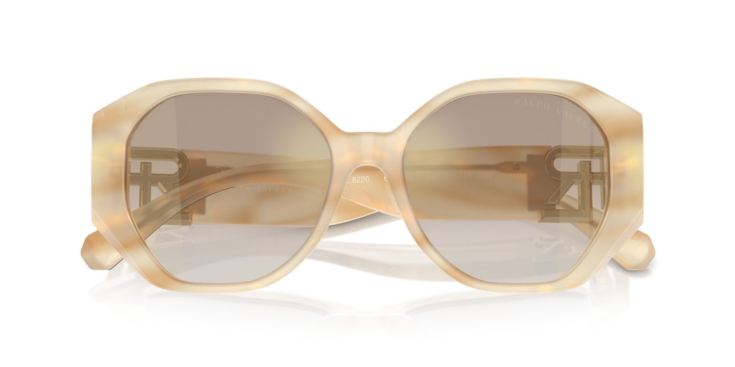Sunglasses Ralph Lauren The Juliette RL 8220 (61766E) color oystershell cream shape butterfly lenses marrone sfumato oro a specchio