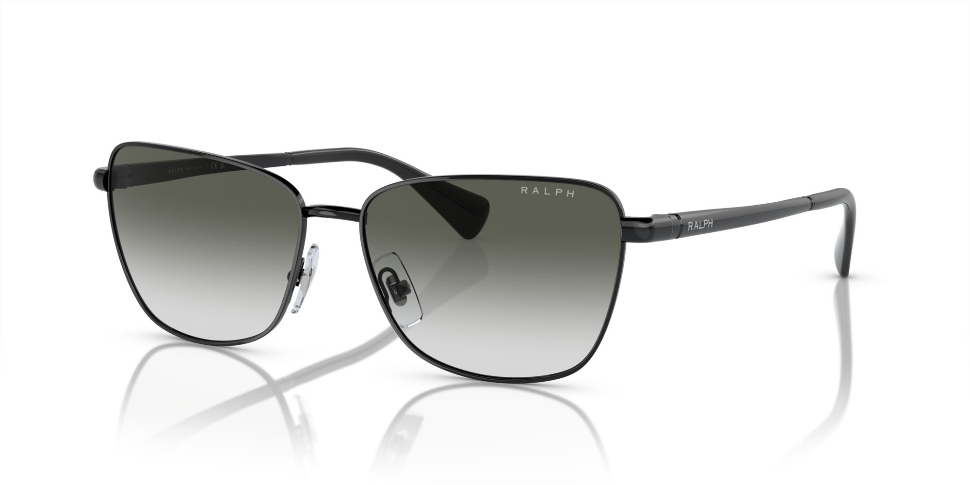 Sunglasses Ralph RA 4143 (90038E) color nero lucido shape butterfly lenses grigio chiaro sfumato