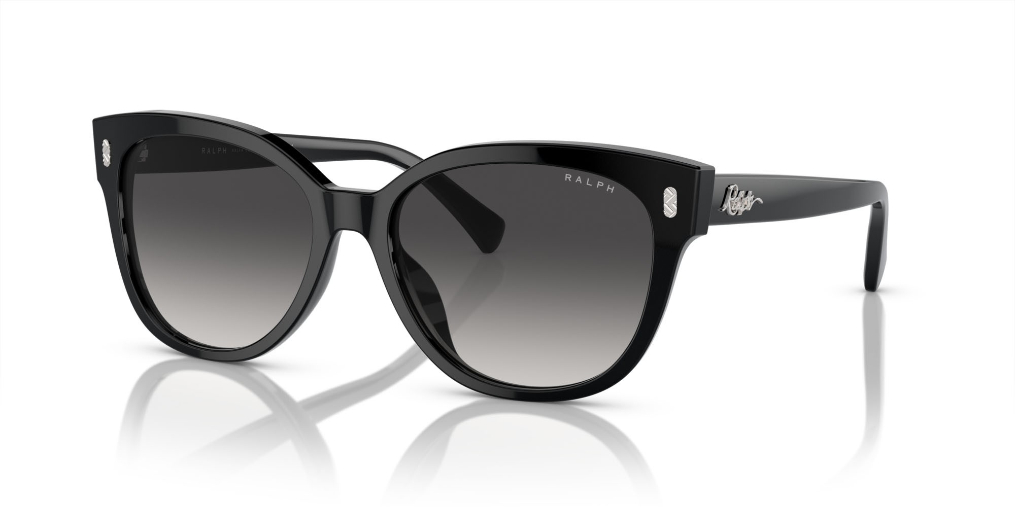 Sunglasses Ralph RA 5305U (50018G) color nero lucido shape cat eye lenses grigio sfumato