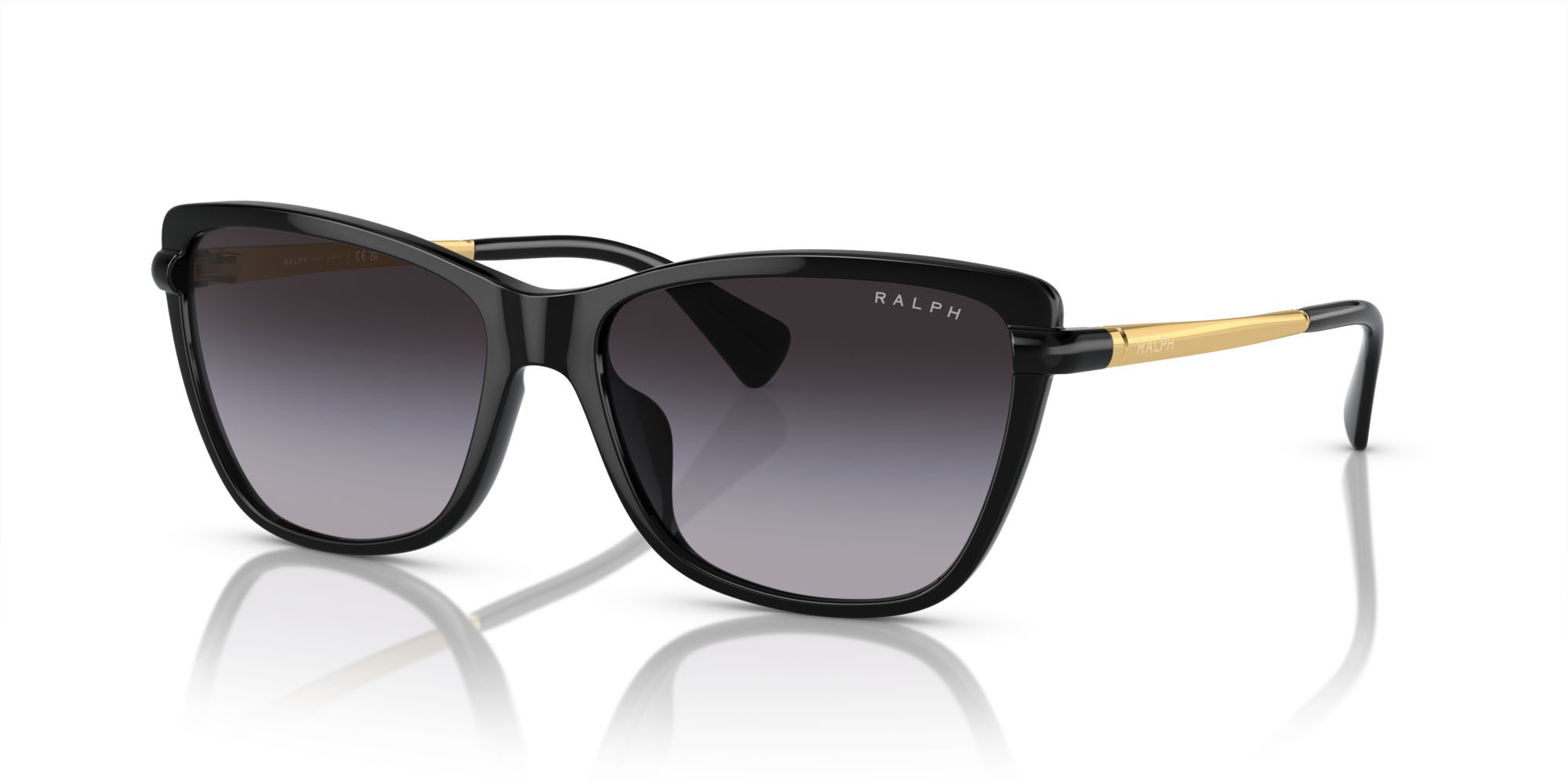 Sunglasses Ralph RA 5308U (50018G) color nero lucido shape cat eye lenses grigio sfumato