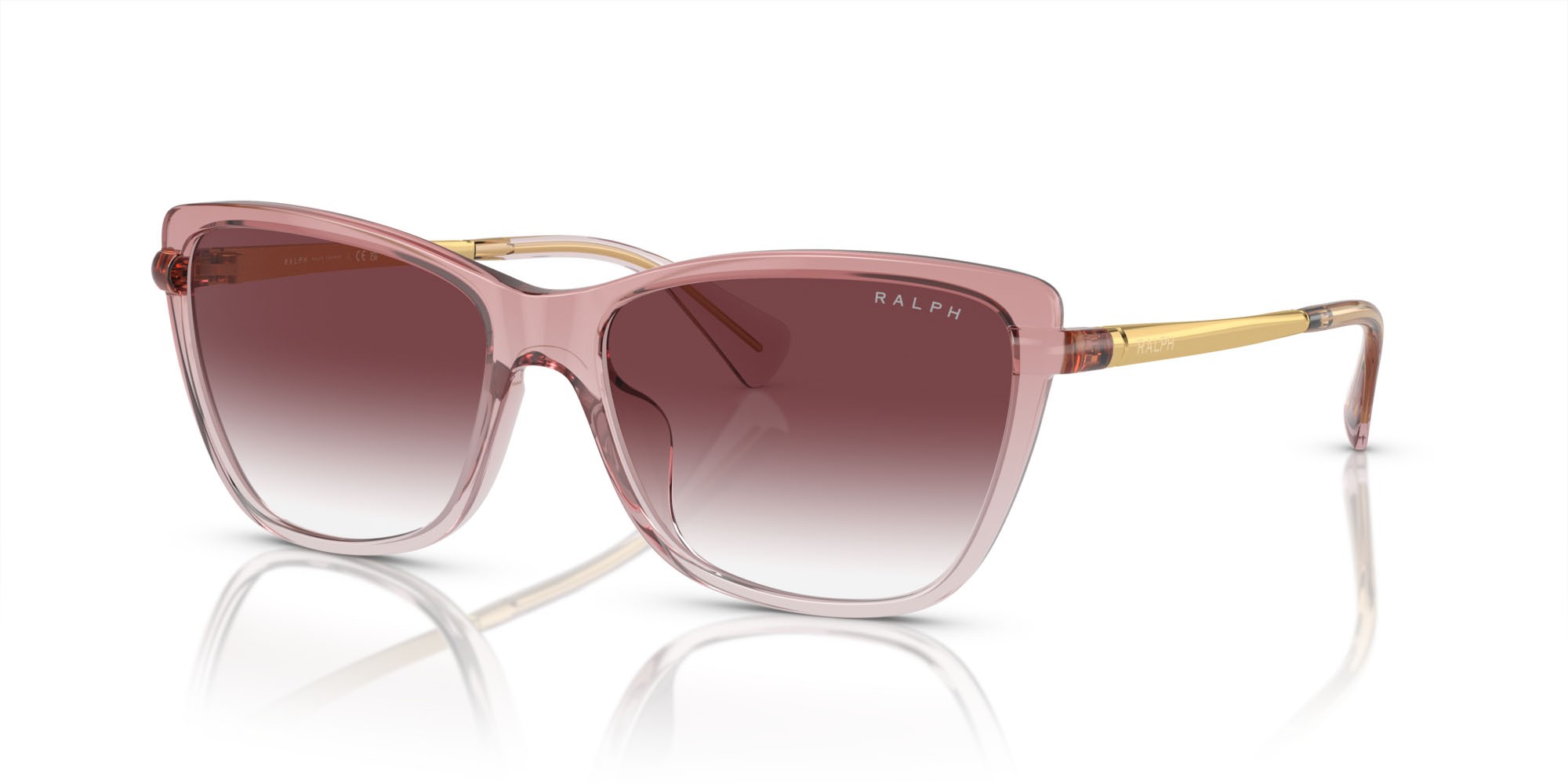 Sunglasses Ralph RA 5308U (61258H) color rosa brillante trasparente shape cat eye lenses trasparente sfumato viola scuro