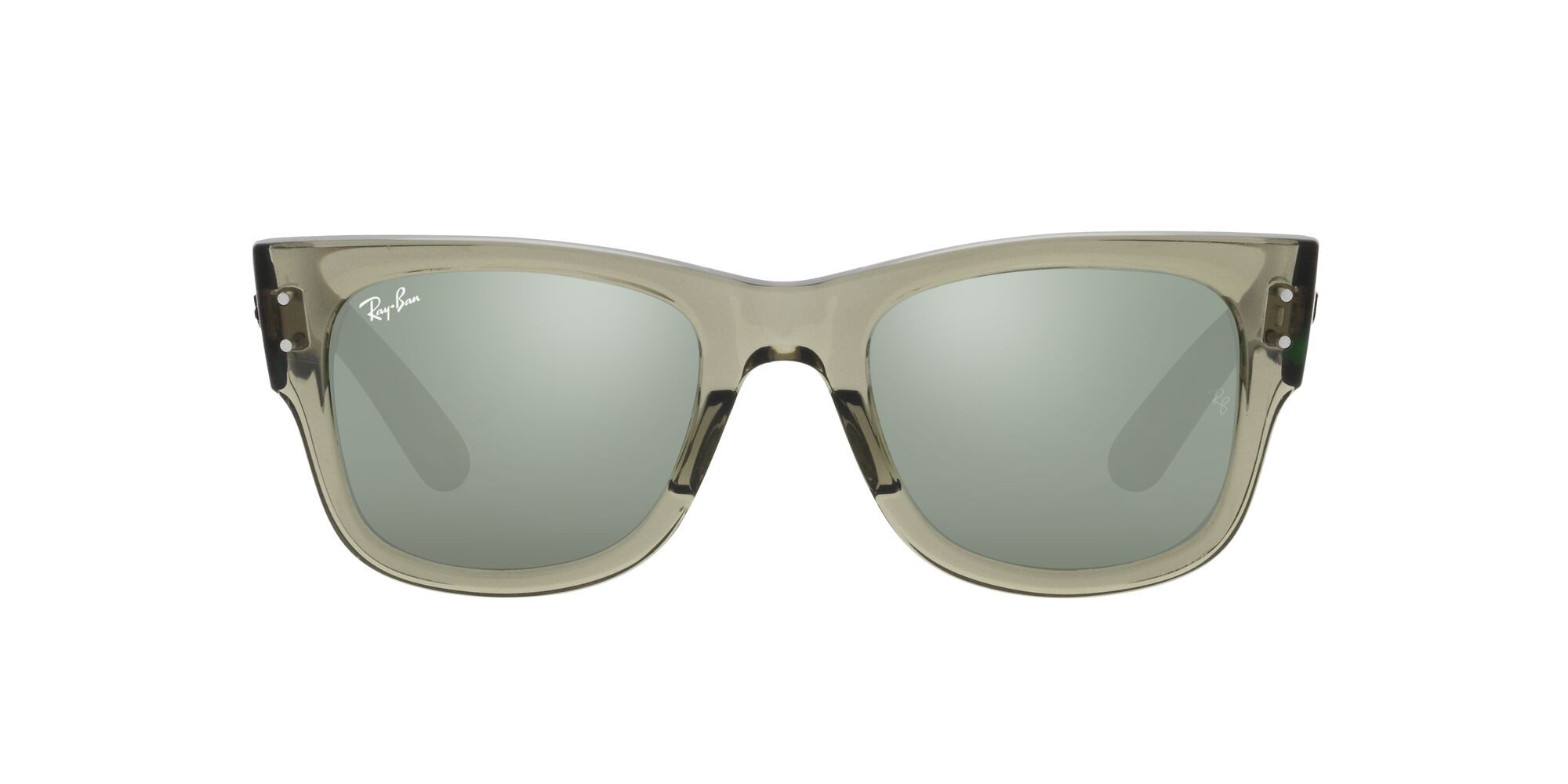 Sonnenbrillen Ray-Ban Mega Wayfarer RB 0840S (66355C) farbe verde trasparente form quadratisch gläser specchiata grigia