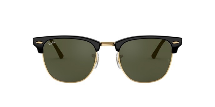Occhiali da sole Ray-Ban Clubmaster Classic RB 3016 (W0365) colore lucido nero su oro forma browline lenti g-15 green