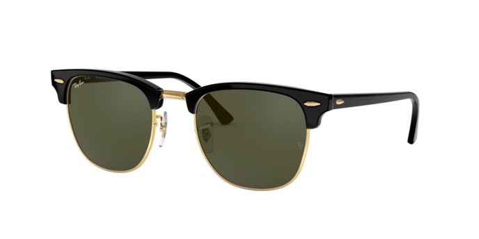 Occhiali da sole Ray-Ban Clubmaster Classic RB 3016 (W0365) colore lucido nero su oro forma browline lenti g-15 green