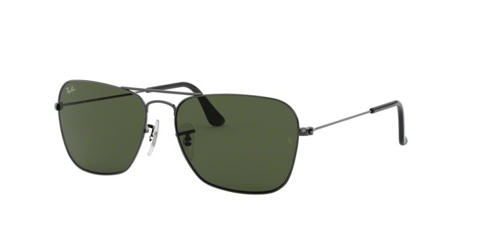 Occhiali da sole Ray-Ban Caravan RB 3136 (004) colore gunmetal forma rettangolare lenti crystal green