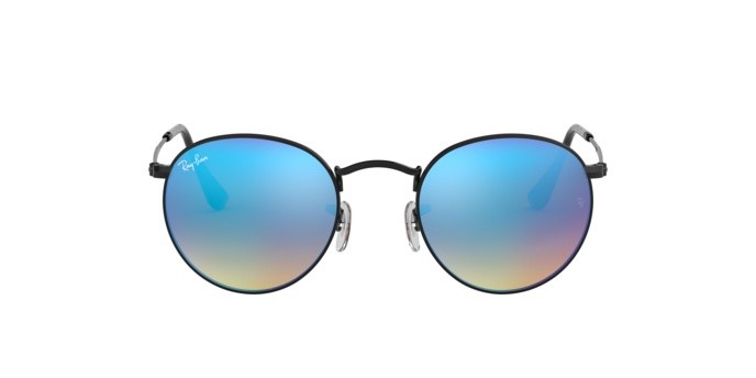 Sunglasses Ray-Ban RB 3447 Round Metal Flash Lenses Gradient (002/4O) color shiny black shape round lenses mirror gradient blue