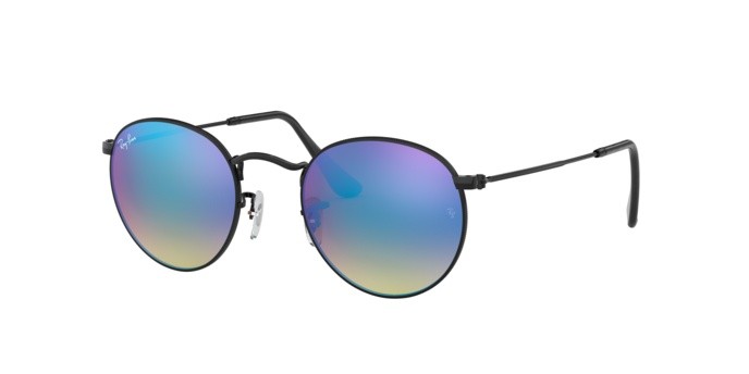 Sunglasses Ray-Ban RB 3447 Round Metal Flash Lenses Gradient (002/4O) color shiny black shape round lenses mirror gradient blue
