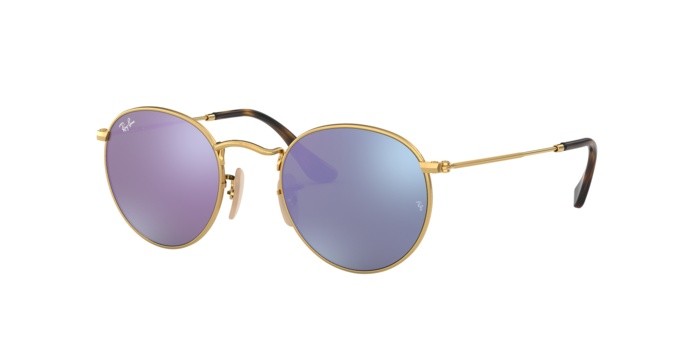 Sonnenbrillen Ray-Ban Round Flat Lenses RB 3447N (001/8O) farbe shiny gold form rund gläser wisteria flash