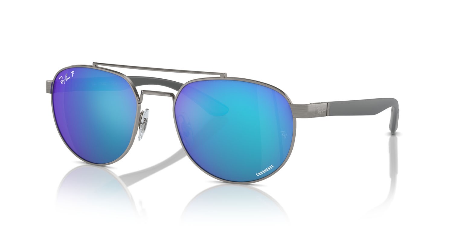 Occhiali da sole Ray-Ban RB 3736CH (004/A1) colore gunmetal forma irregolare lenti verde e blu