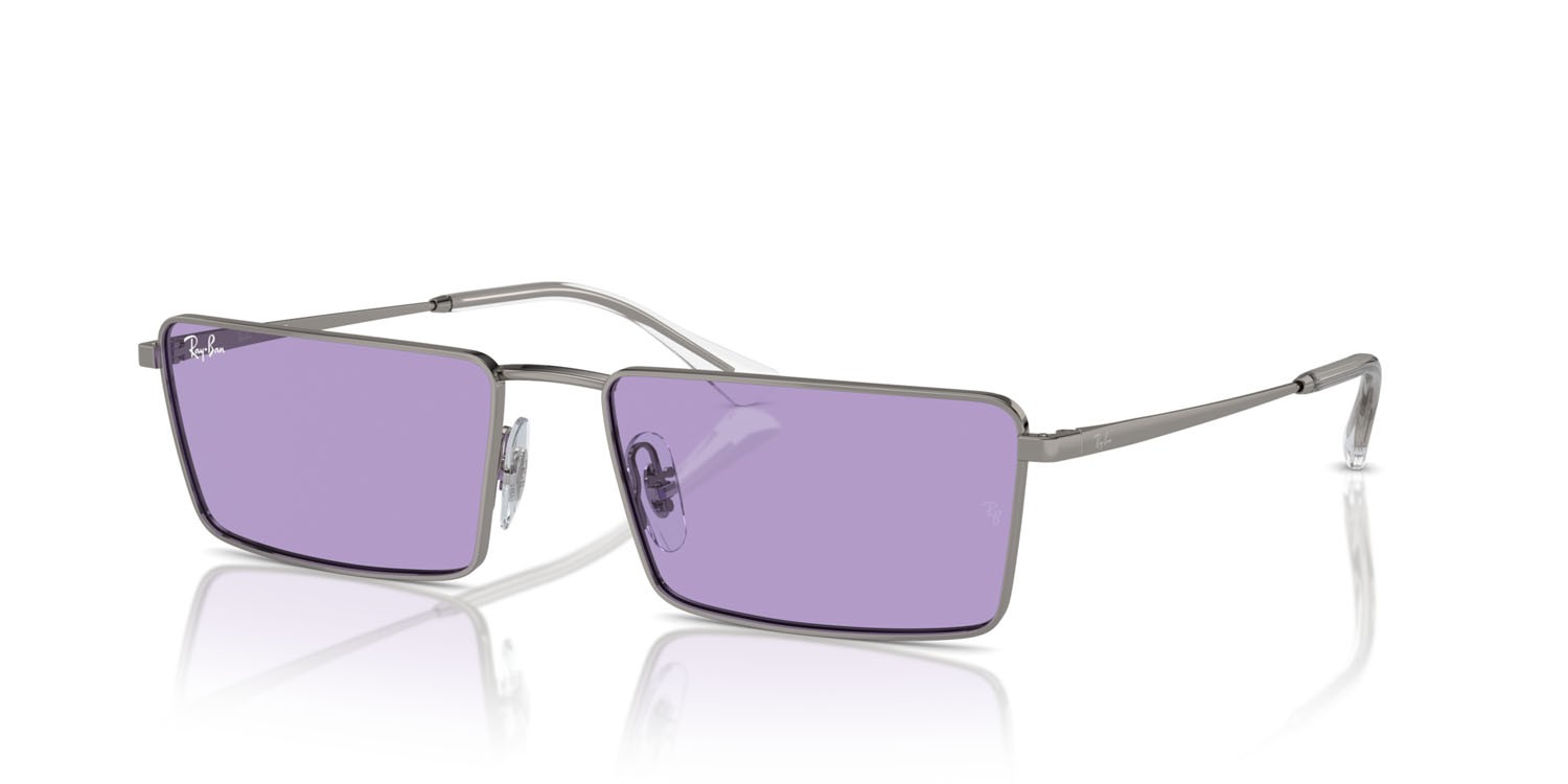Occhiali da sole Ray-Ban Emy RB 3741 (004/1A) colore gunmetal forma rettangolare lenti viola