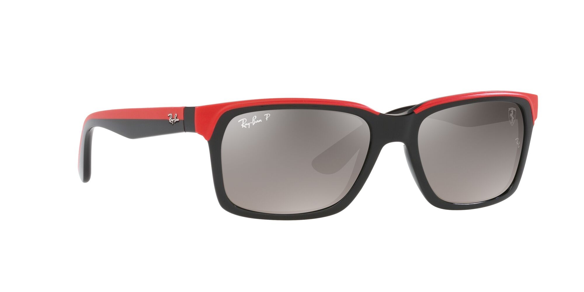 Sonnenbrillen Ray-Ban Scuderia Ferrari RB 4393M (F6015J) farbe nero su rosso effetto gommato form rechteckig gläser polarizzata grigio sfumato a specchio