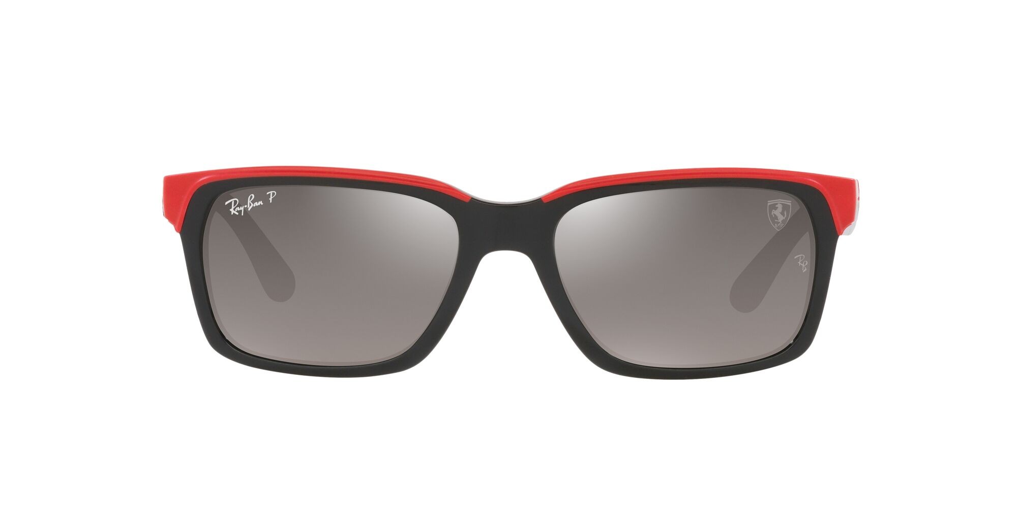 Sonnenbrillen Ray-Ban Scuderia Ferrari RB 4393M (F6015J) farbe nero su rosso effetto gommato form rechteckig gläser polarizzata grigio sfumato a specchio