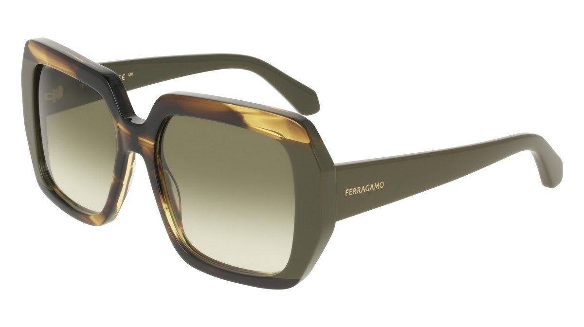 Sunglasses Salvatore Ferragamo SF2081S (322) color striped khaki/green shape rectangle lenses gradient green
