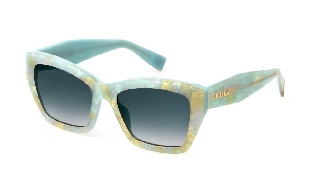 Sunglasses Furla SFU778 (09E6) color top verde madreperla/verde opalino lucid lenses blue gradient