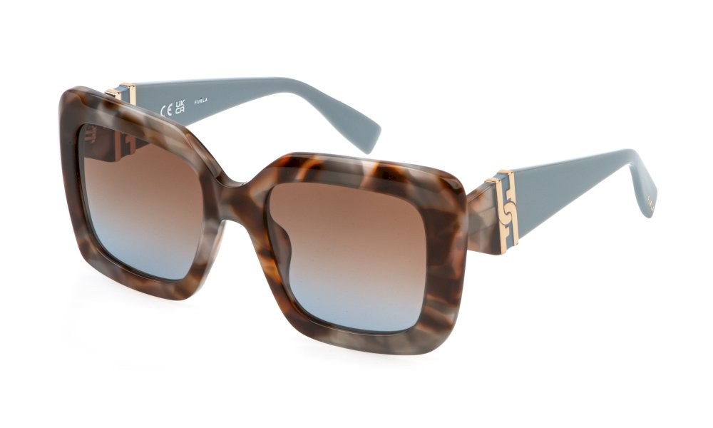 Occhiali da sole Furla SFU883 (03KA) colore avana marrone/grigio lenti brown gradient blue