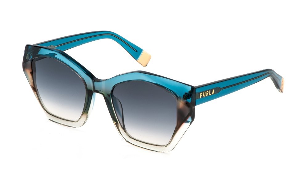 Sunglasses Furla SFU885V (0BLV) color blu sfumato verde lucido lenses smoke gradient yellow